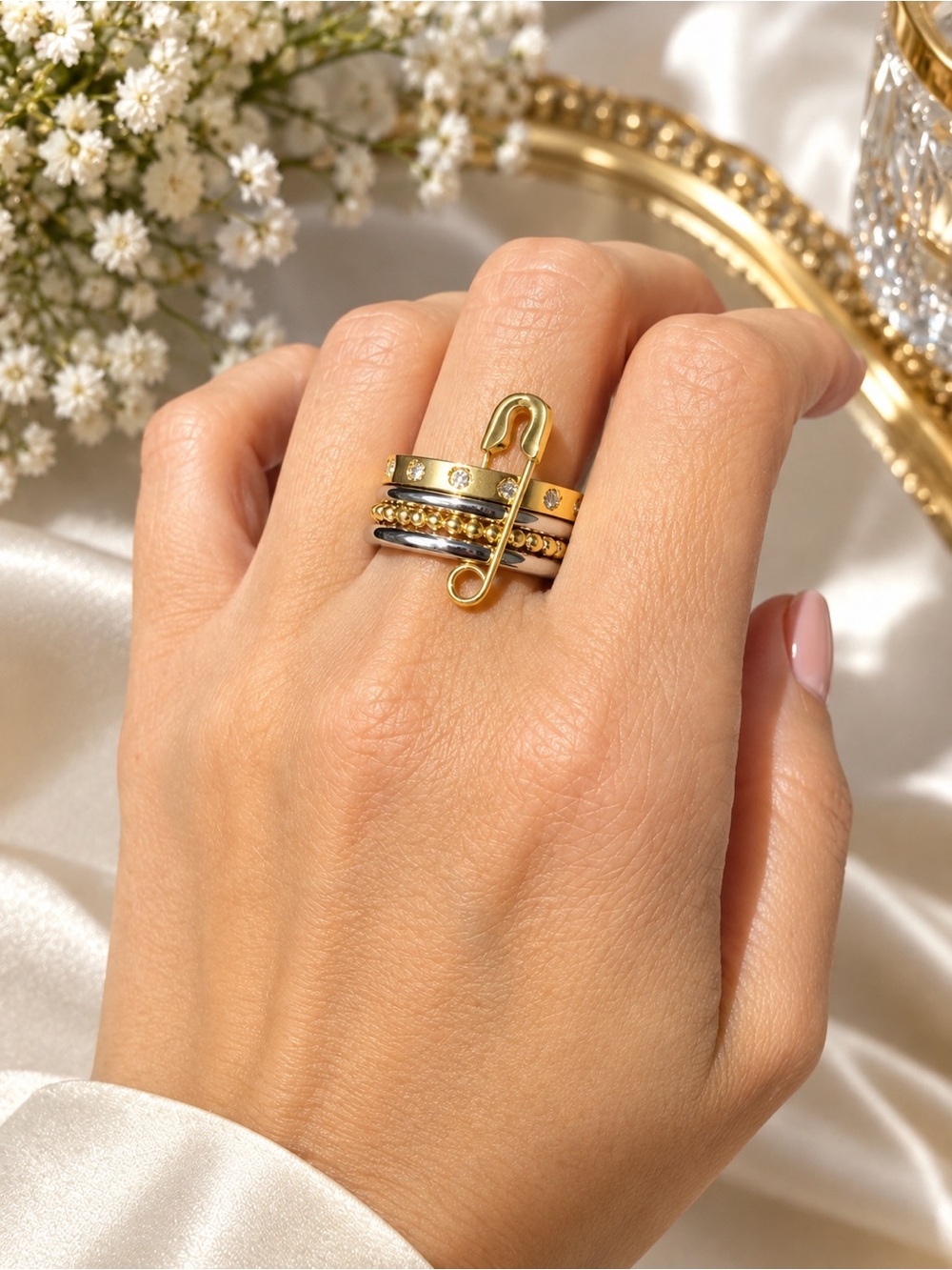 18K Gold Plated  Stackable Safety Pin Ring with Crystal Accents